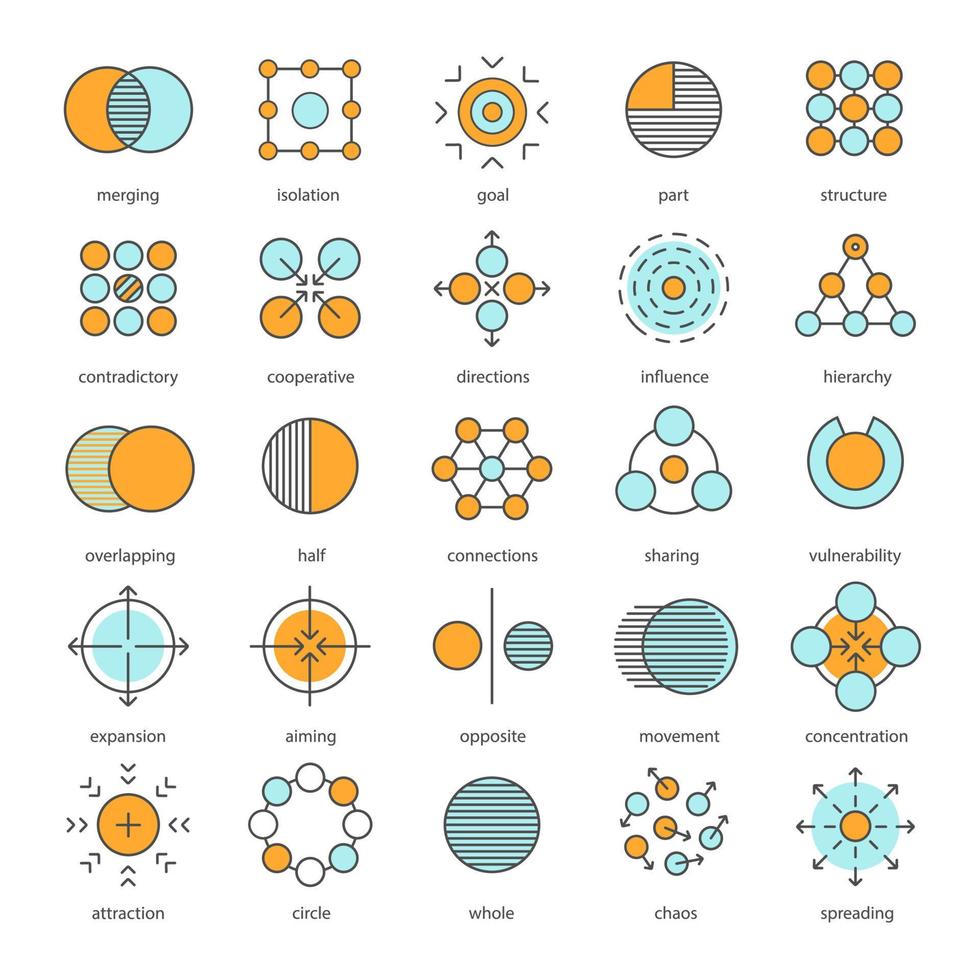 abstrakta symboler färg ikoner set. logotypidéer för företag, vetenskap, it-industrier. hälften, kopplingar, delning, expansion, motsats, rörelse, koncentration, spridning. isolerade vektorillustrationer vektor