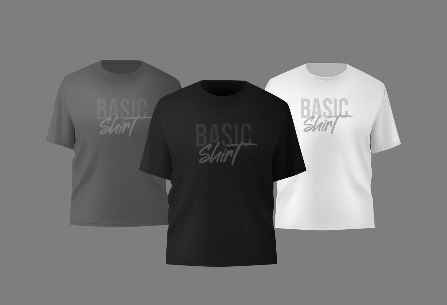 Basic männlich T-Shirt realistisch Attrappe, Lehrmodell, Simulation. Vorderseite und zurück Sicht. leer Textil- drucken Vorlage zum Mode Kleidung. vektor