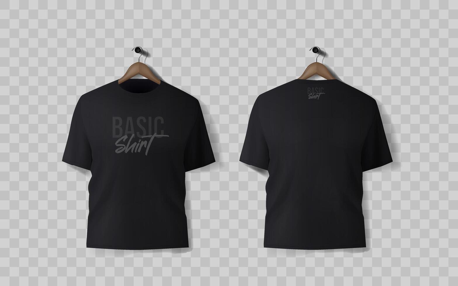 Basic schwarz männlich T-Shirt realistisch Attrappe, Lehrmodell, Simulation. Vorderseite und zurück Sicht. leer Textil- drucken Vorlage zum Mode Kleidung. vektor