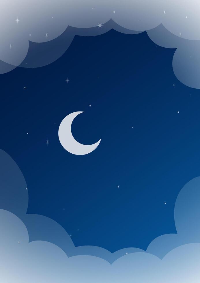 lutning vår natt måne illustration affisch. skön måne stiga i starry himmel. vektor