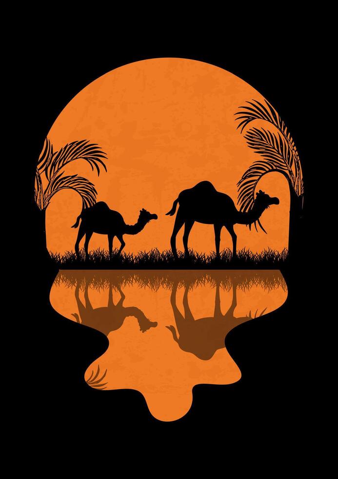 Nacht Sahara und voll Mond minimalistisch Poster. Oase Landschaft, wild Kamele im Afrika. Panorama- Aussicht Illustration. vektor