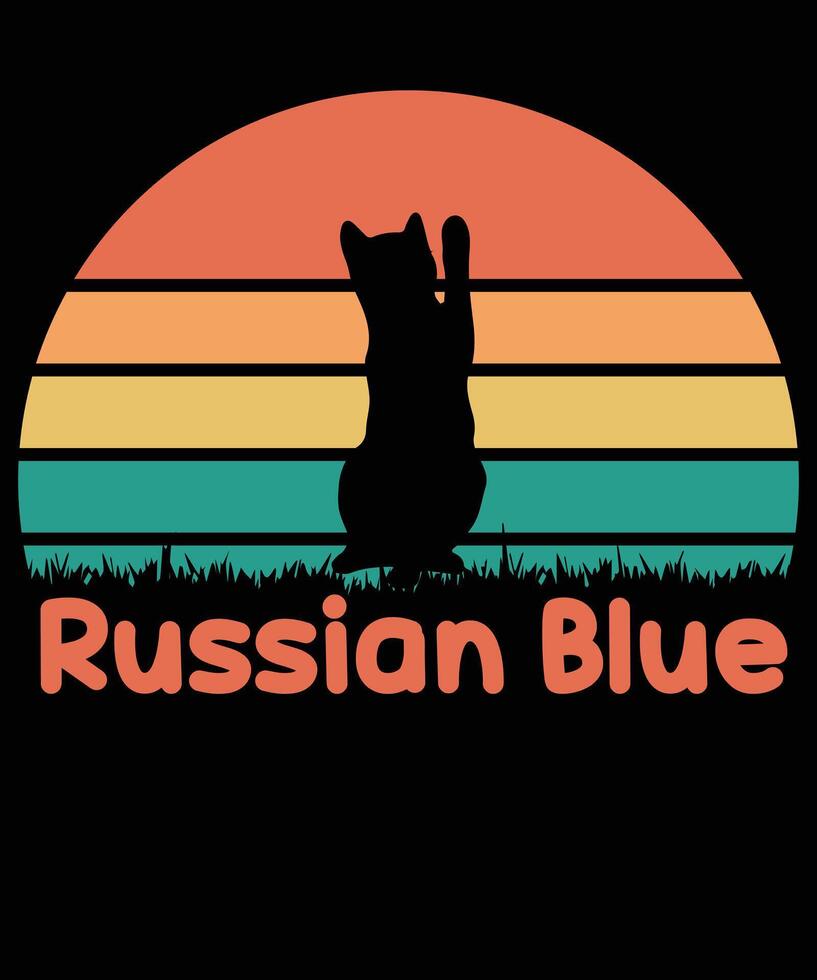 ryska blå katt solnedgång t-shirt design vektor