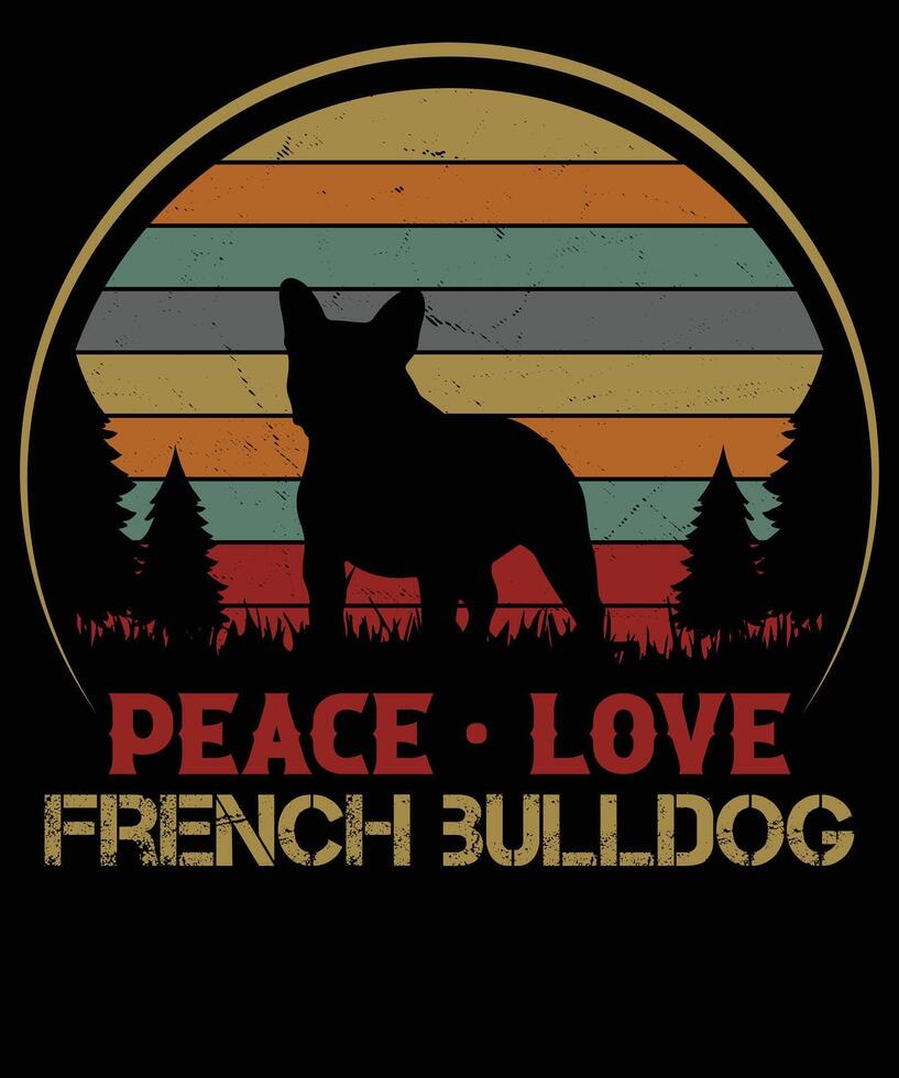 Frieden Liebe Französisch Bulldogge retro T-Shirt Design vektor