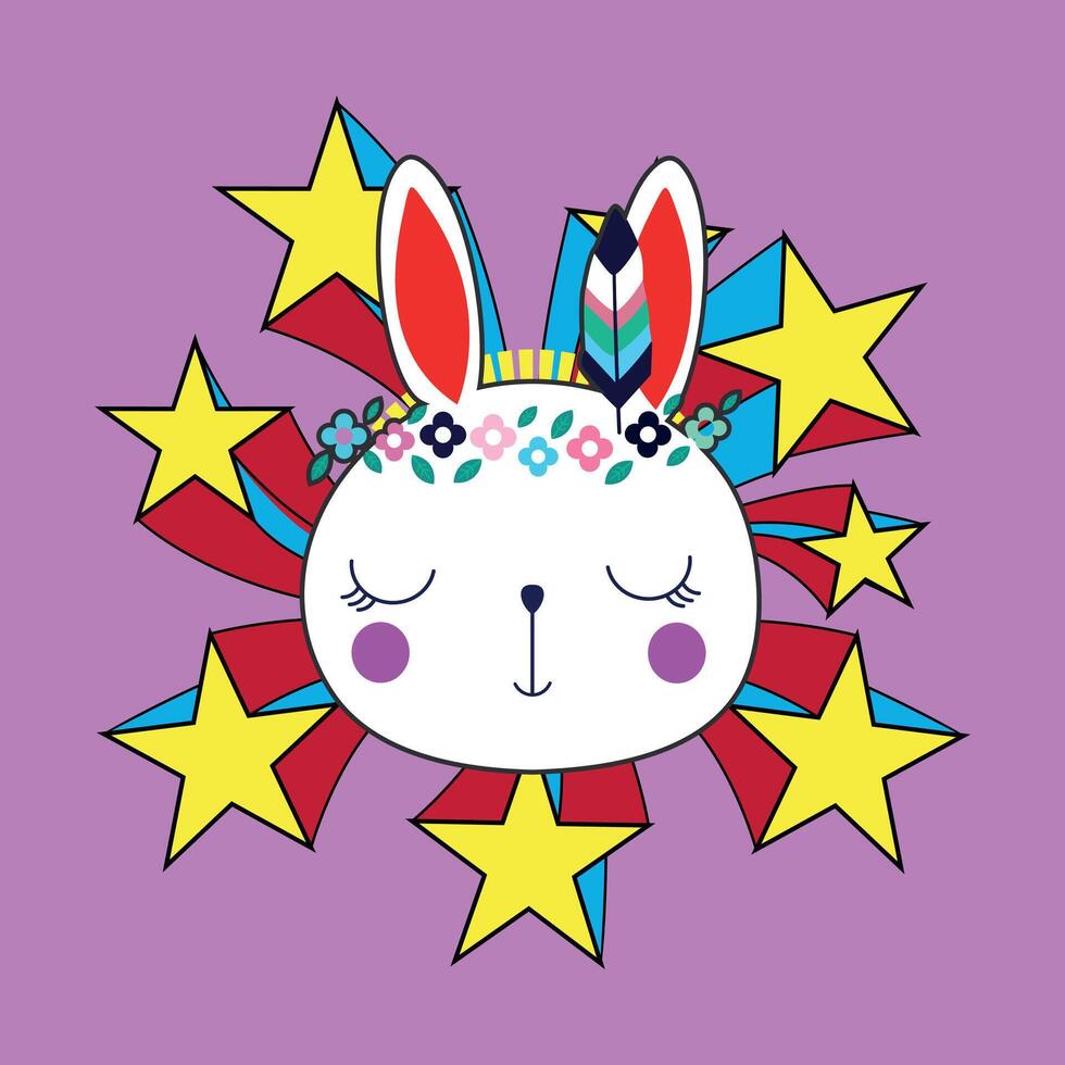 T-Shirt Design von das Kopf von ein Ostern Hase umgeben durch Sterne auf ein violett Hintergrund. vektor