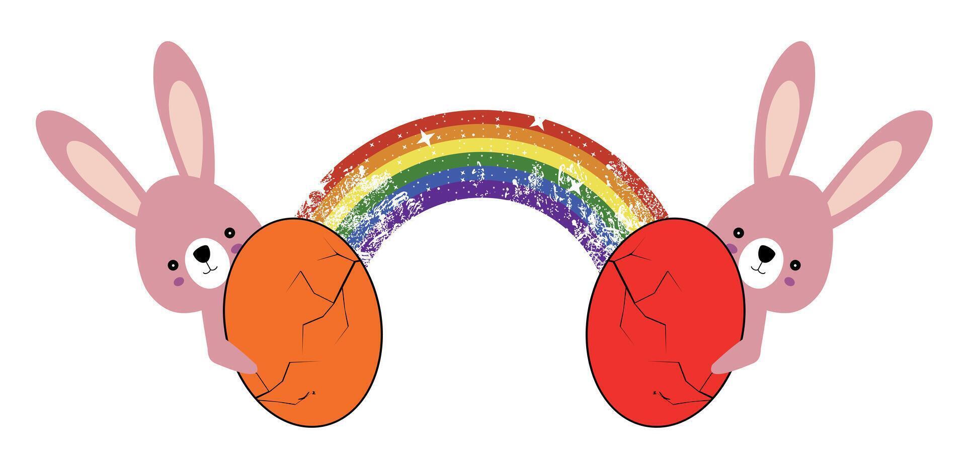 t-shirt design av en regnbåge och två påsk ägg med rosa kaniner på en vit bakgrund.. vektor