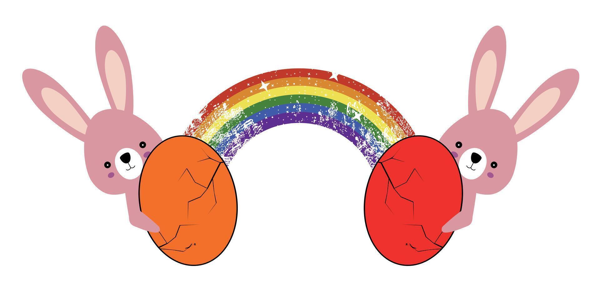 T-Shirt Design von ein Regenbogen und zwei Ostern Eier mit Rosa Kaninchen auf ein Weiß Hintergrund.. vektor