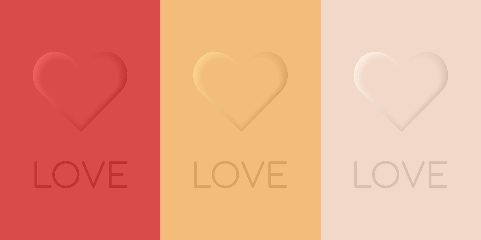 uppsättning av pastell 3d hjärta former. volumetriska hjärtan. text kärlek. kort och banderoller för hjärtans dag. minimalism. röd, gul och beige bakgrund. vektor illustration