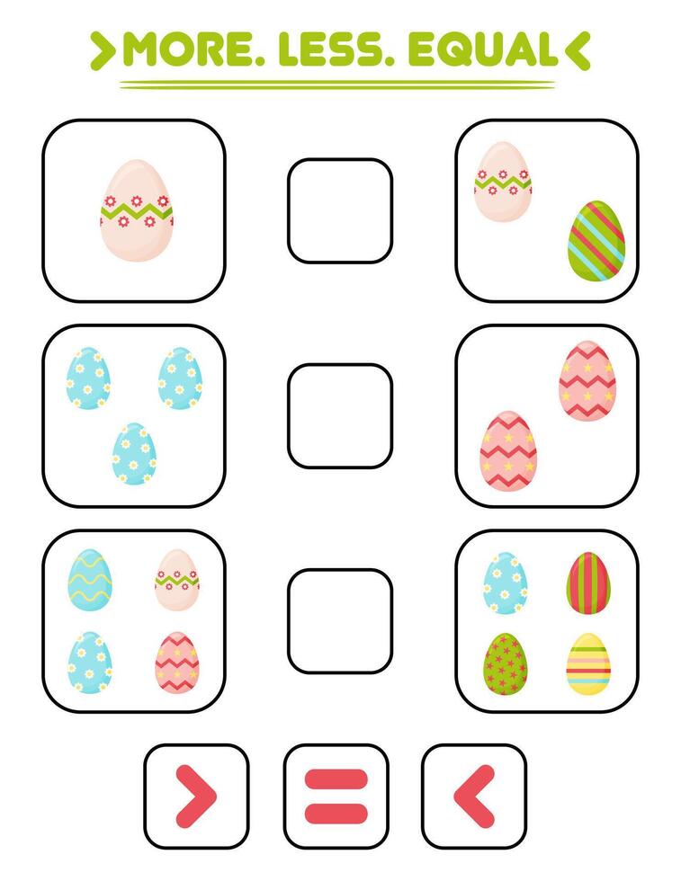 jämföra de siffra av ägg. skriva de tecken Mer , mindre, likvärdig. undervisning barn. utbildning för dagis vektor