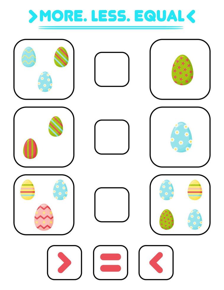 jämföra de siffra av ägg. skriva de tecken Mer , mindre, likvärdig. undervisning barn. utbildning för dagis vektor