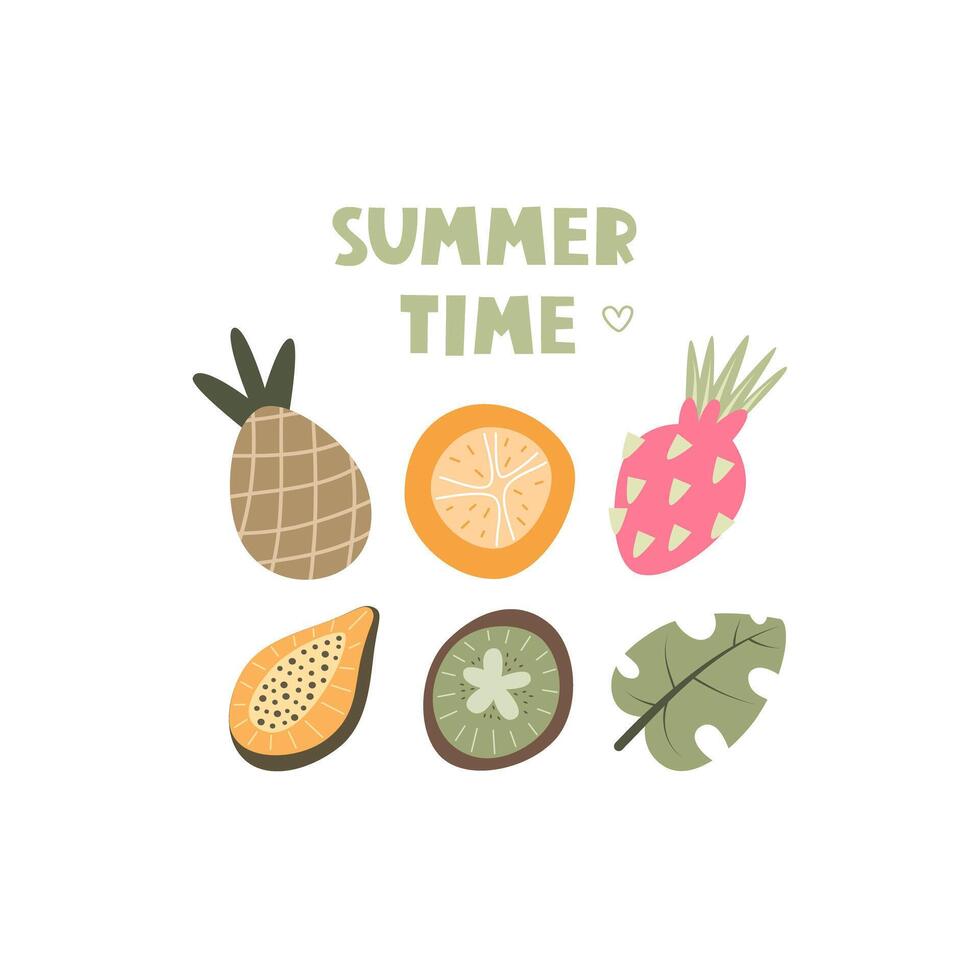 Sommer- Zeit. Karikatur Früchte, Hand Zeichnung Beschriftung, Dekor Elemente. Sommer- bunt Vektor Illustration, eben Stil. Design zum Karten, drucken, Poster, Logo, Startseite