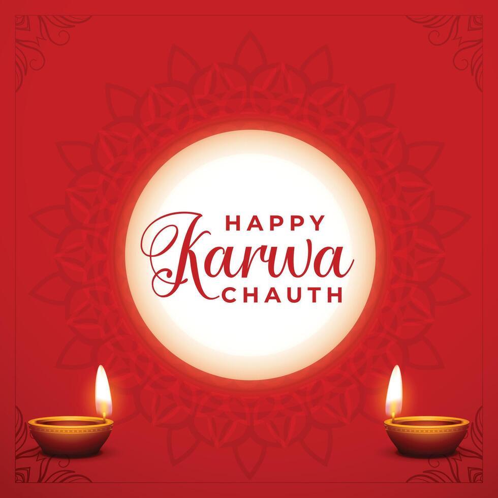 glückliche karwa chauth dekorative karte mit mond und diya vektor