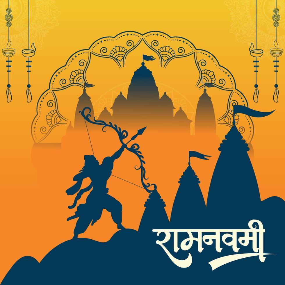 glücklich RAM Navami kulturell Banner Hindu Festival Vertikale Post wünscht sich Feier Karte RAM Navami Feier Hintergrund und Gelb Hintergrund indisch Hinduismus Festival Sozial Medien Banner vektor