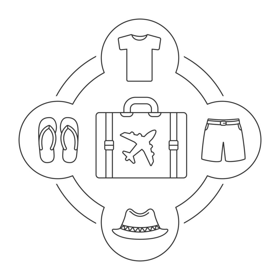 Kofferinhalt des Touristen lineare Symbole gesetzt. Hemd, Badehose, Homburg Hut, Flip Flops. isolierte vektorillustrationen vektor