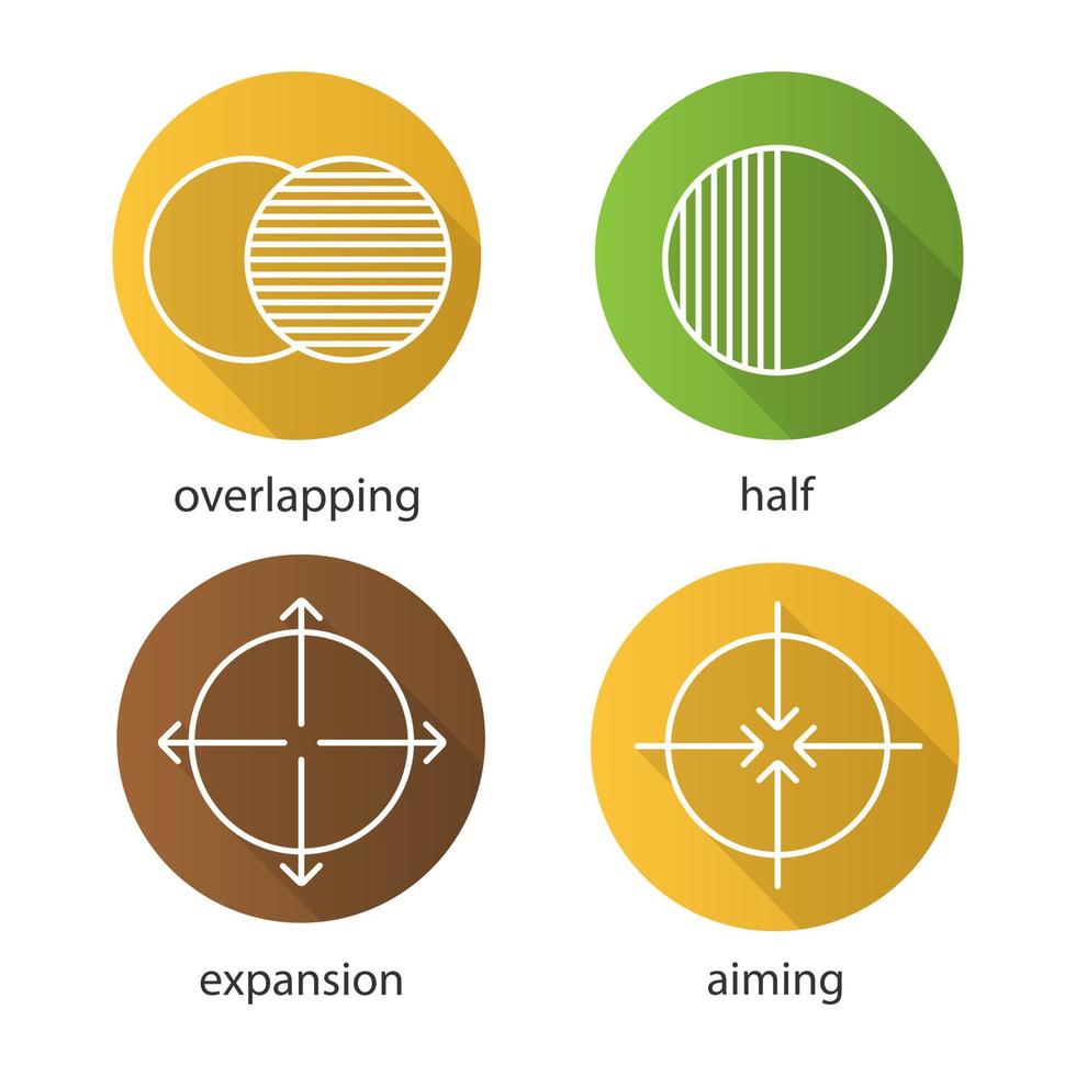 abstrakte Symbole flache lineare lange Schattensymbole eingestellt. überlappende, halbe, zielende, Expansionskonzepte. Vektor-Umriss-Abbildung vektor