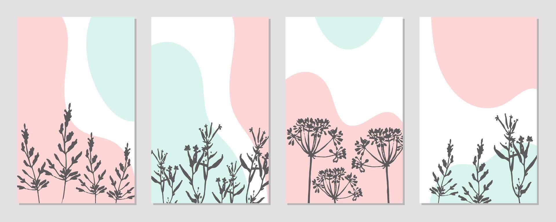 uppsättning av botanisk kort, affischer. silhuett av vild blommor och växter i beige färger. mallar, vektor