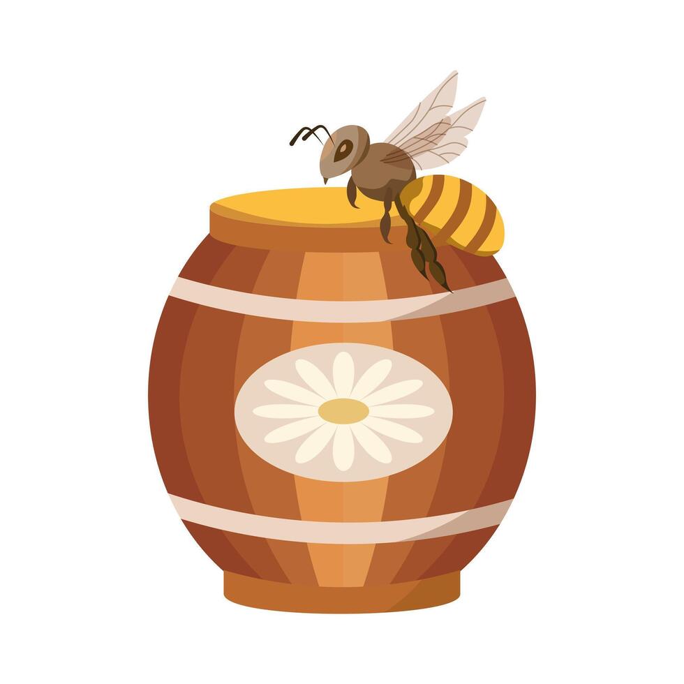 hölzern Fass mit Honig und komisch Bienen. Illustration, drucken, Vektor
