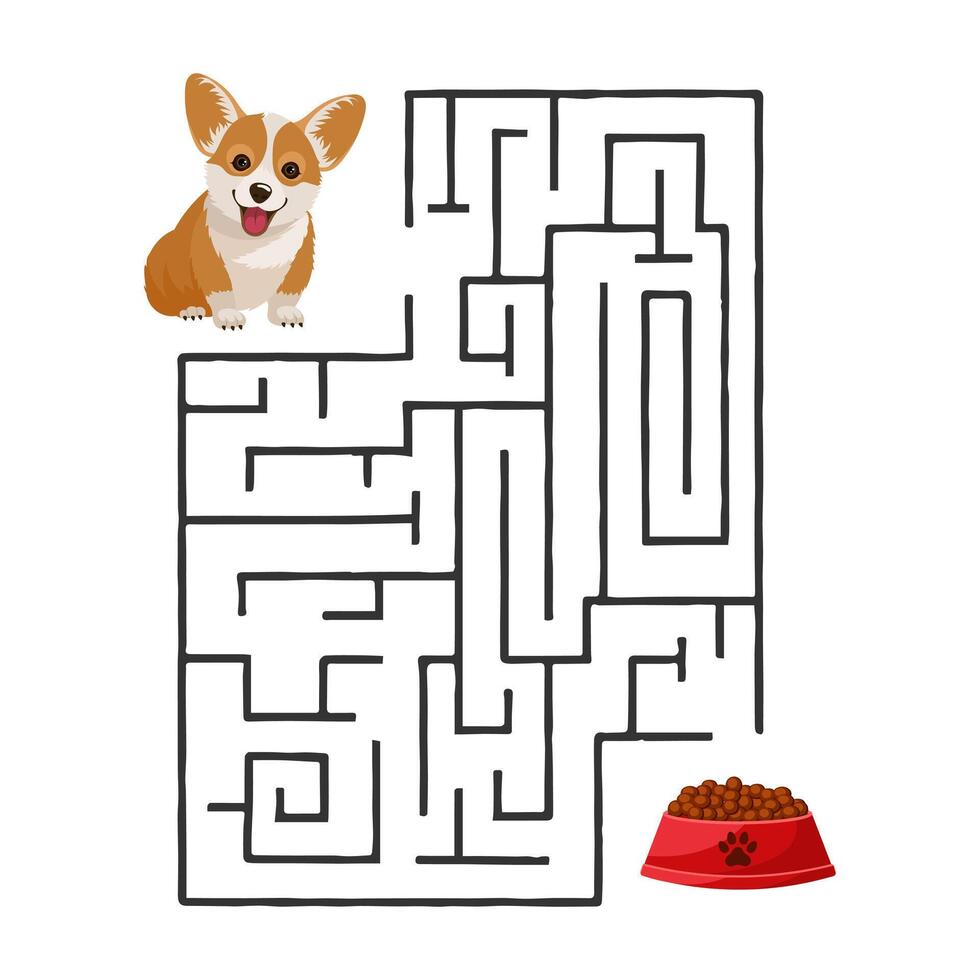 Lernlabyrinth für Kinder mit einem lustigen Hund und einer Schüssel mit Essen. Bildungskonzept. Abbildung, Vektor