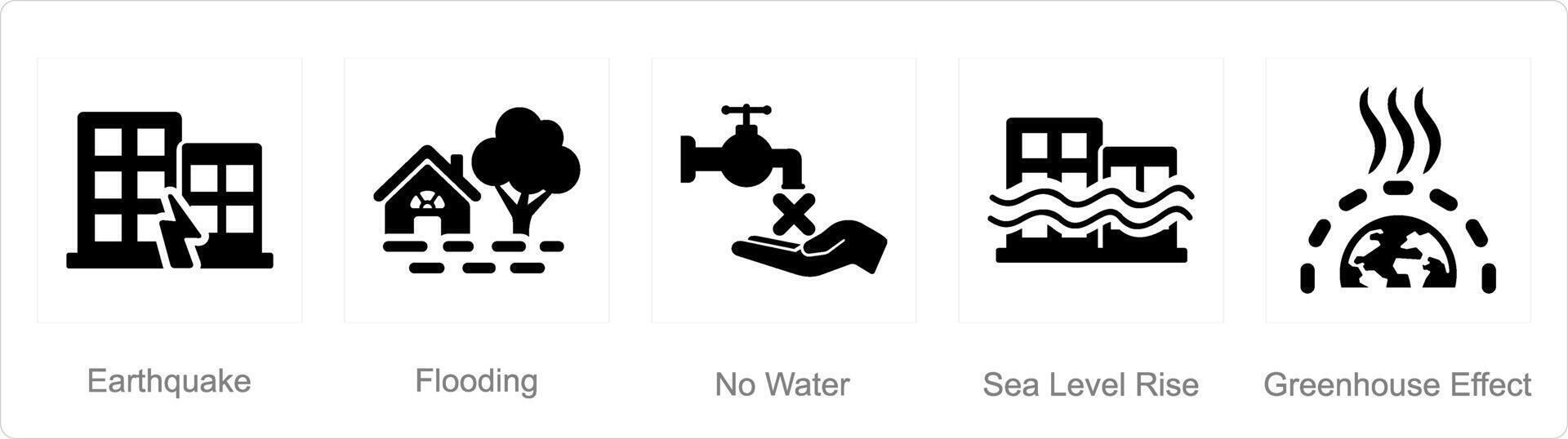 ein einstellen von 5 Klima Veränderung Symbole wie Erdbeben, Überschwemmung, Nein Wasser vektor