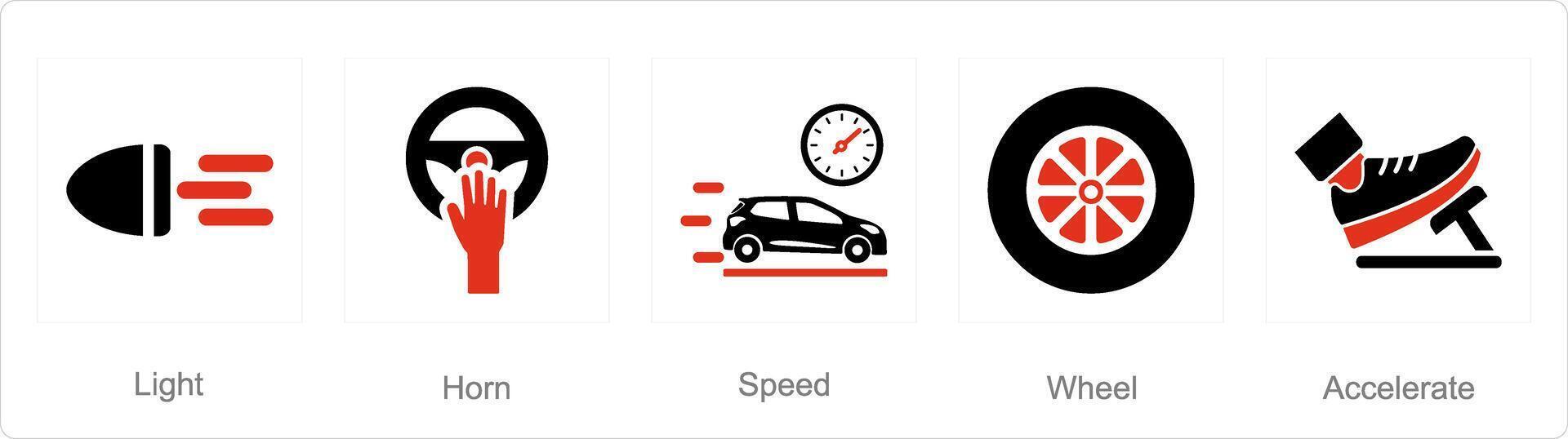 en uppsättning av 5 bil ikoner som ljus, horn, hastighet vektor