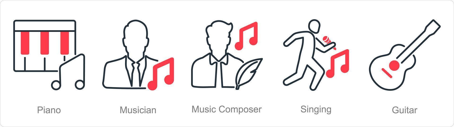 ein einstellen von 5 Musik- Symbole wie Klavier, Musiker, Musik- Komponist vektor