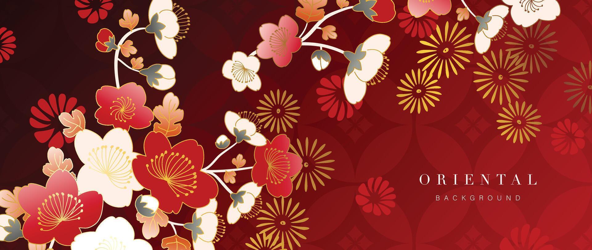 lyx guld orientalisk stil bakgrund vektor. kinesisk och japansk tapet mönster design av elegant blomma och fyrverkeri med guld linje textur. design illustration för dekoration, vägg dekor. vektor