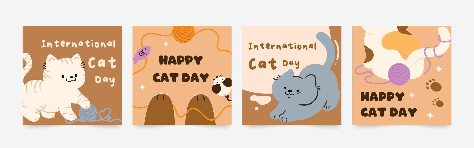 Lycklig internationell katt dag fyrkant omslag uppsättning. söt katter och rolig kattunge, Tass fot design samling med platt Färg i annorlunda poserar. förtjusande sällskapsdjur djur illustration för internationell katt dag. vektor