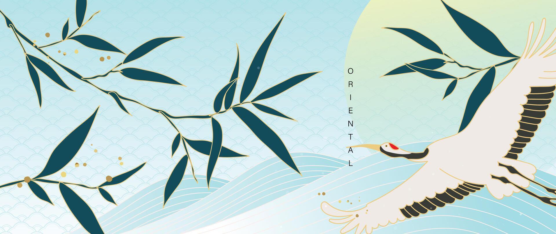 lyx guld orientalisk stil bakgrund vektor. kinesisk och japansk tapet mönster design av elegant kran fågel och bambu med guld linje textur. design illustration för dekoration, vägg dekor. vektor