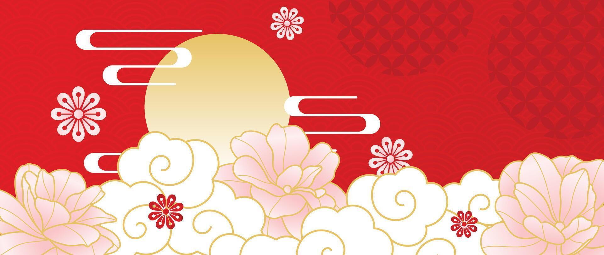 Luxus Gold orientalisch Stil Hintergrund Vektor. Chinesisch und japanisch Hintergrund Muster Design von elegant Pfingstrose Blume und Mond mit Gold Linie Textur. Design Illustration zum Dekoration, Mauer Dekor. vektor