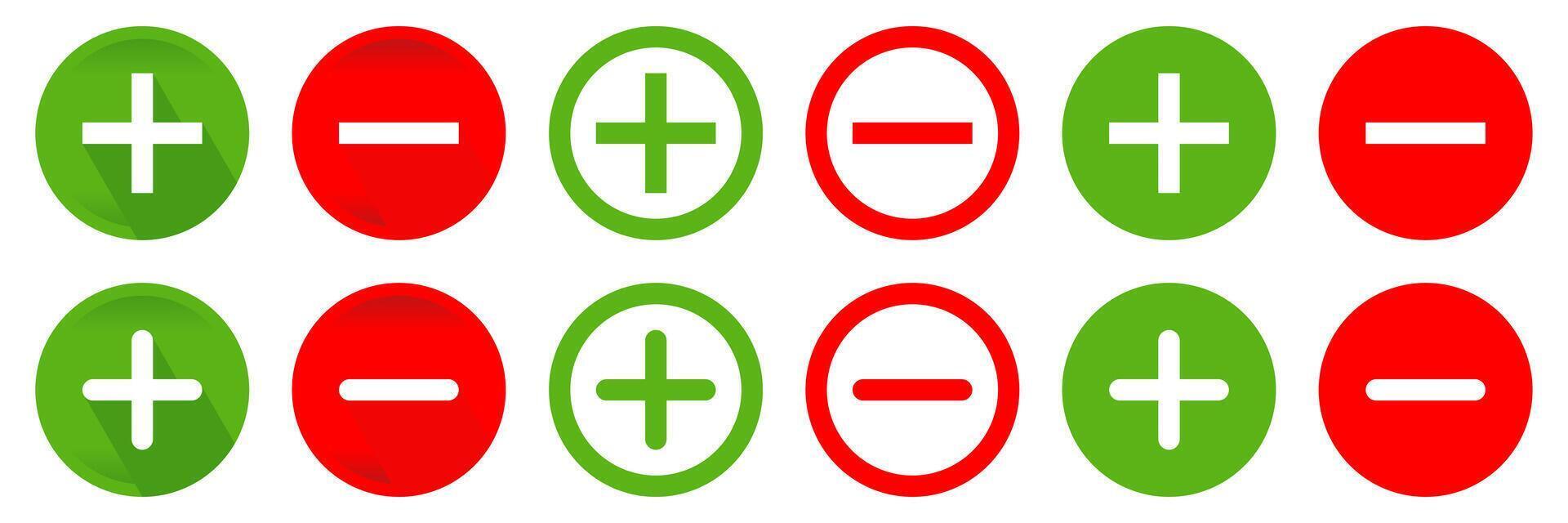 uppsättning av grön och röd positiv och negativ ikoner. positiv och negativ knappar. vektor isolerat på vit bakgrund. design redigerbar