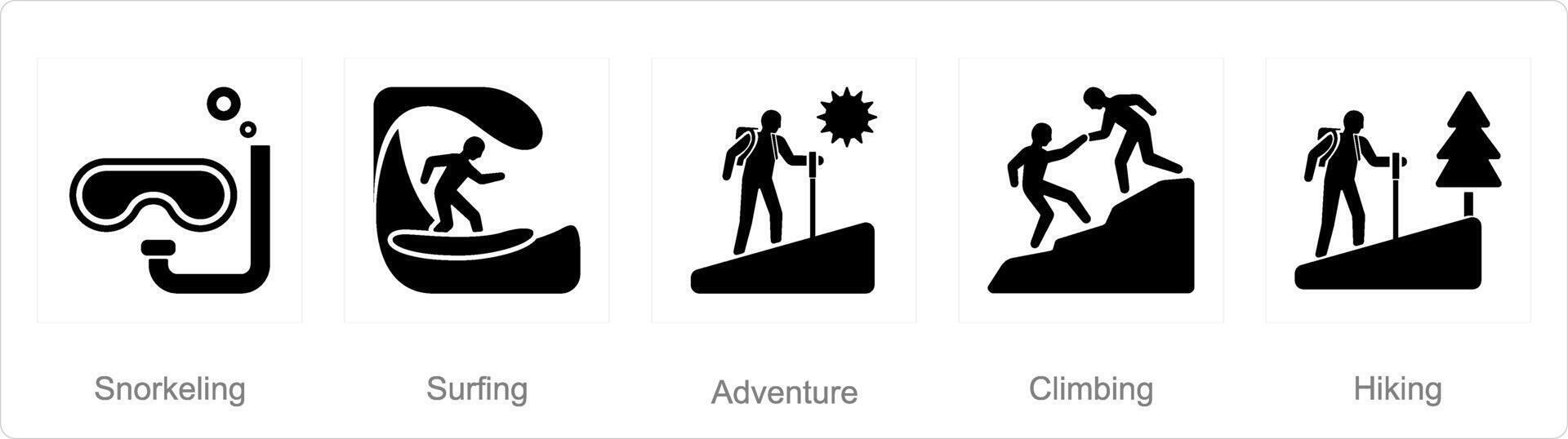 ein einstellen von 5 Abenteuer Symbole wie schnorcheln, Surfen, Abenteuer vektor