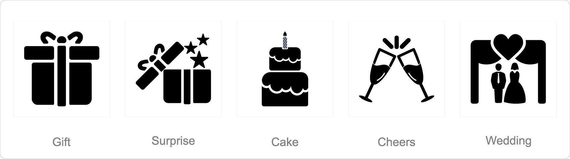 en uppsättning av 5 fira ikoner som gåva, överraskning, kaka vektor