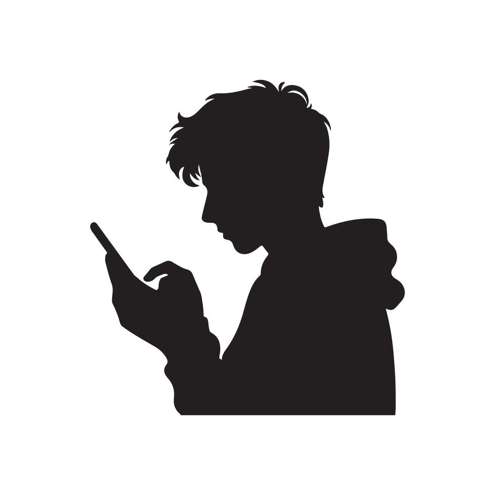 en pojke använder sig av en mobil telefon vektor silhuett svart illustration isolerat på en vit bakgrund