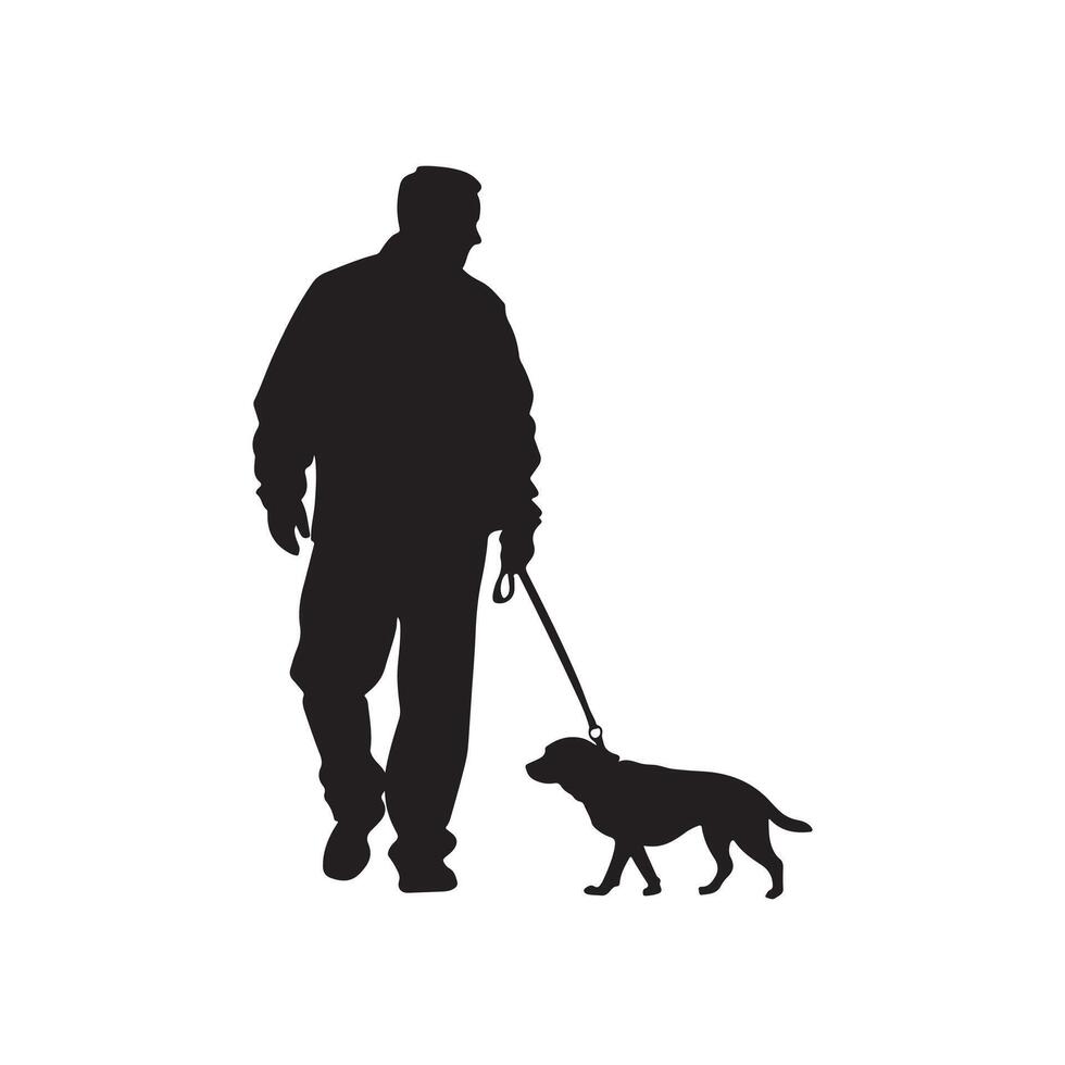 ein Vektor Silhouette von ein Mann Gehen mit seine Hund isoliert auf ein Weiß Hintergrund