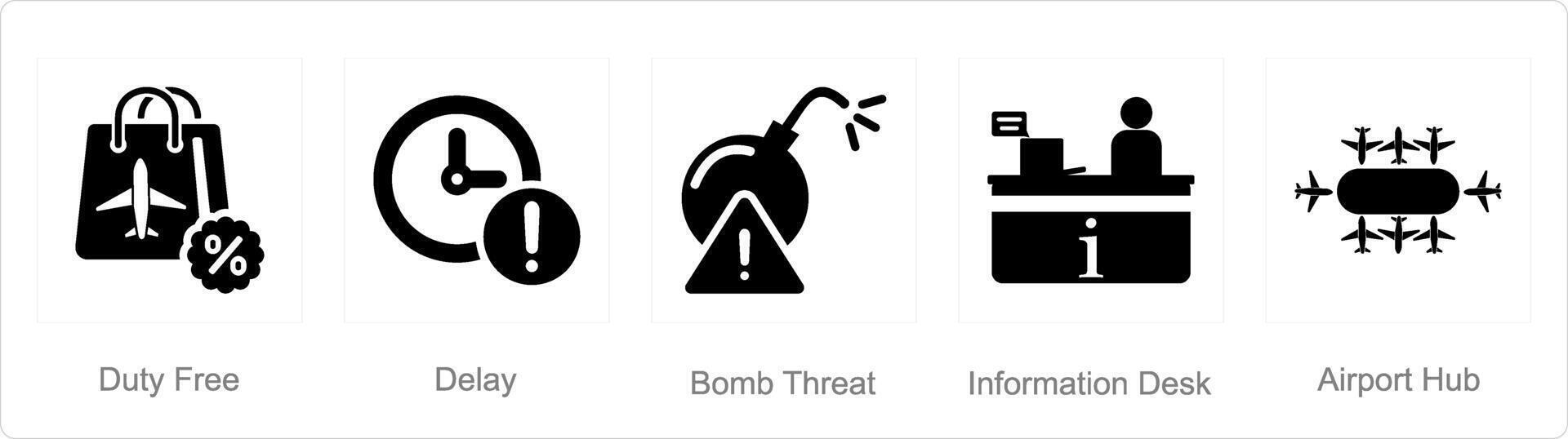 en uppsättning av 5 flygplats ikoner som plikt fri, dröjsmål, bomba hot vektor