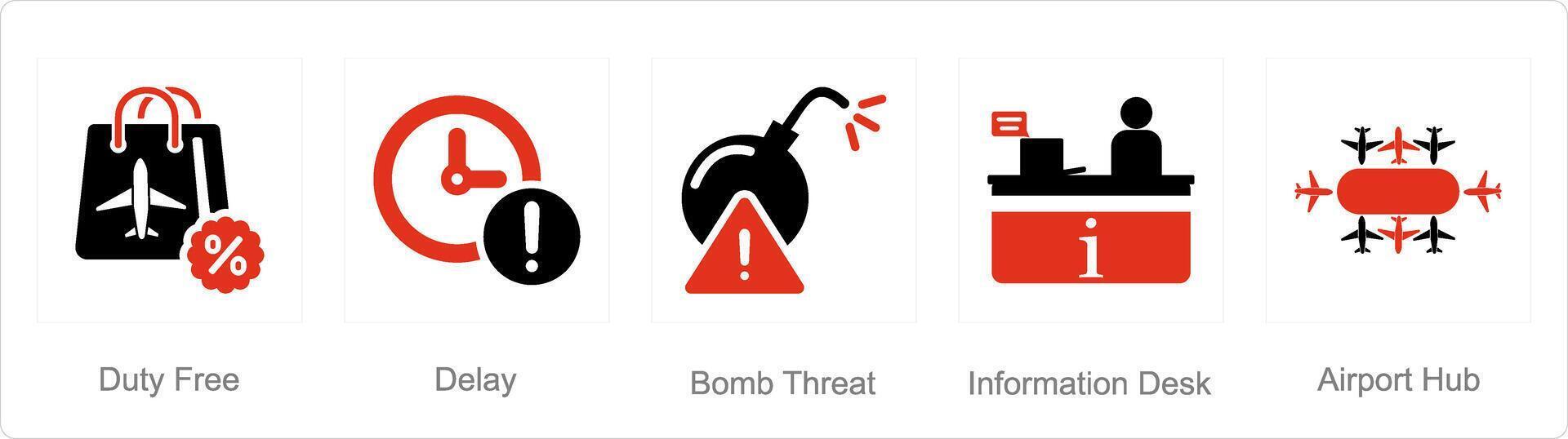 en uppsättning av 5 flygplats ikoner som plikt fri, dröjsmål, bomba hot vektor