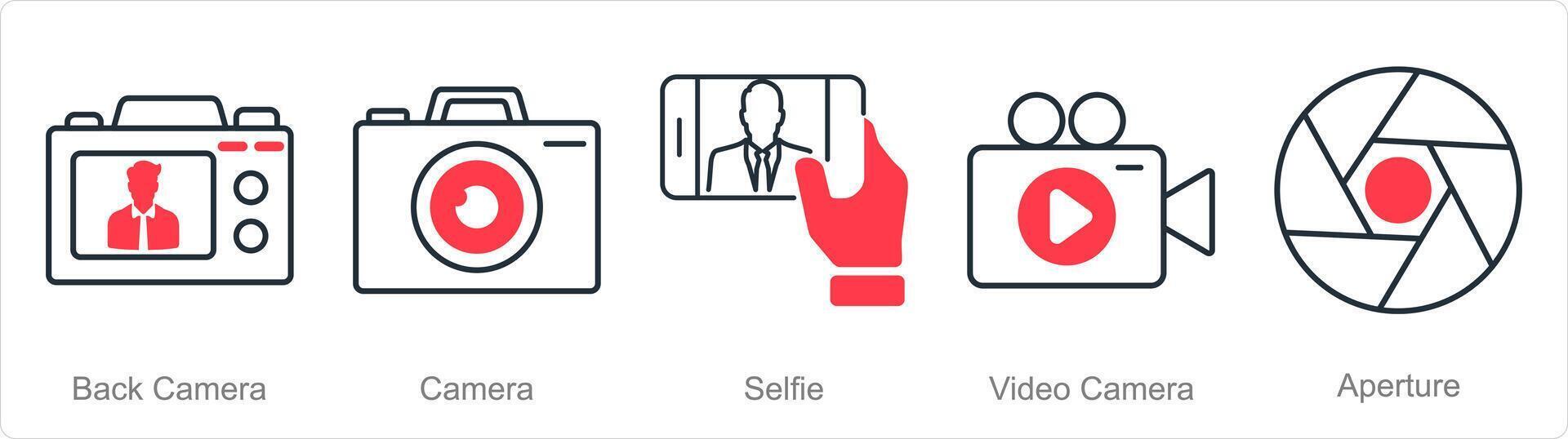 en uppsättning av 5 fotografi ikoner som tillbaka kamera, kamera, selfie vektor