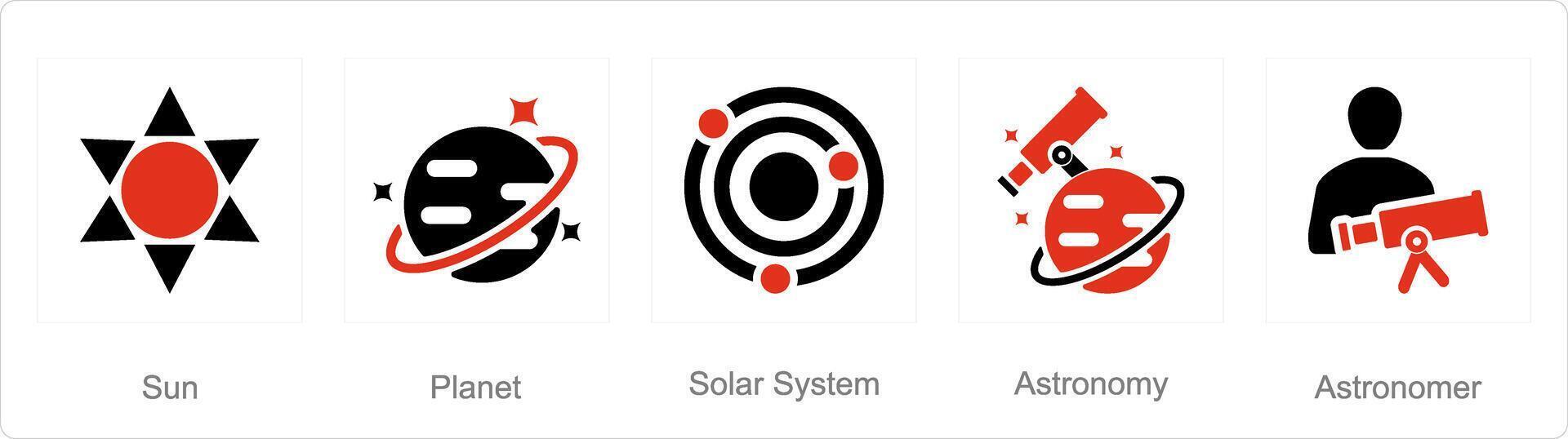 en uppsättning av 5 astronomi ikoner som Sol, planet, sol- systemet vektor