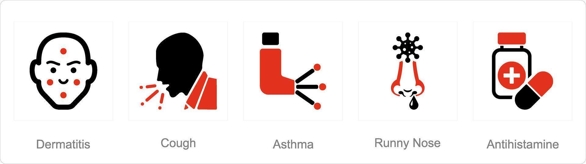 en uppsättning av 5 allergi ikoner som dermatit, hosta, astma vektor