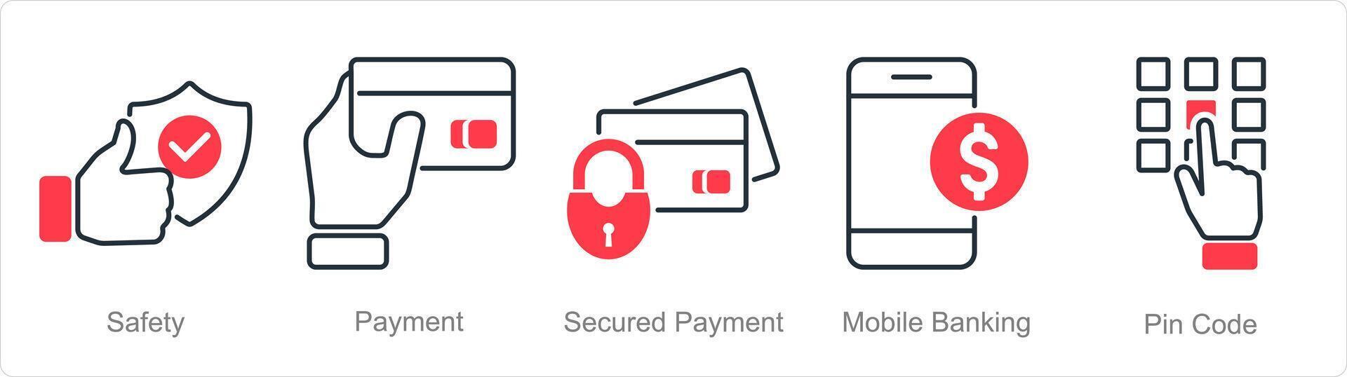 ein einstellen von 5 Sicherheit Symbole wie Sicherheit, Zahlung, gesichert Zahlung, Handy, Mobiltelefon Bankwesen vektor