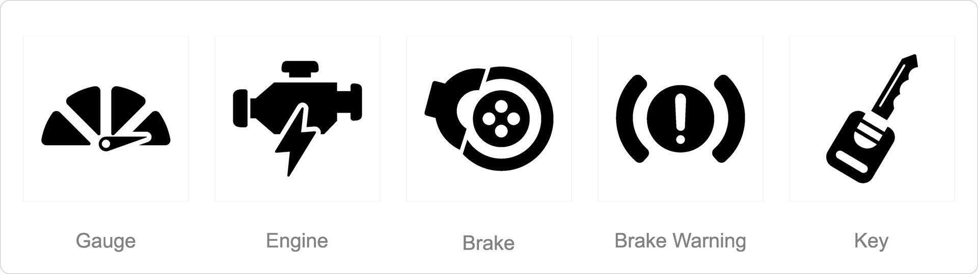 en uppsättning av 5 bil ikoner som mätare, motor, broms vektor