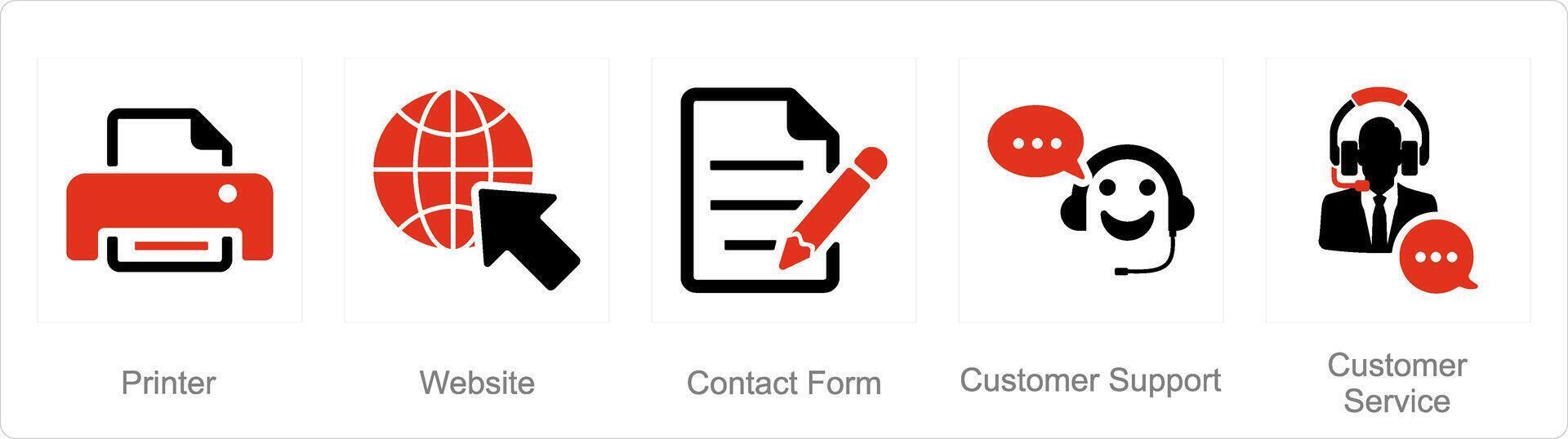 en uppsättning av 5 Kontakt ikoner som skrivare, hemsida, Kontakt form vektor
