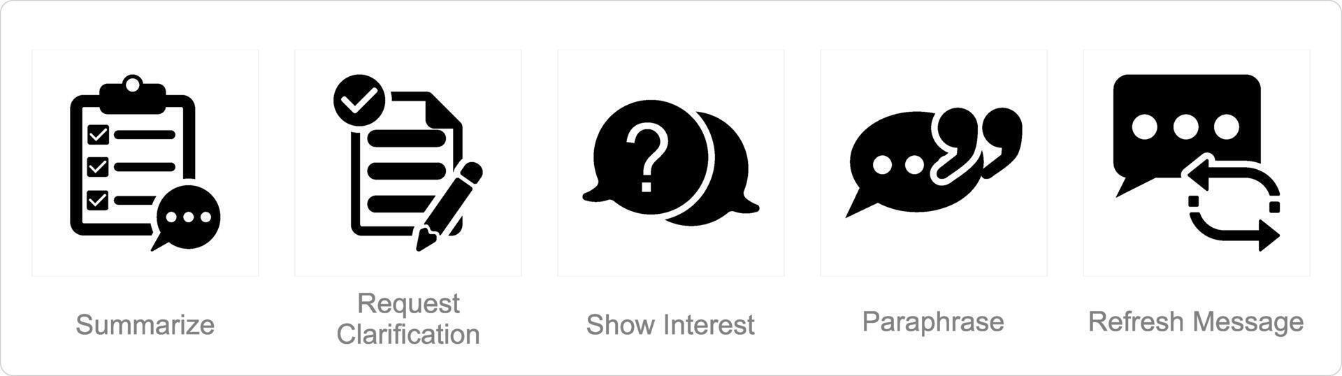 en uppsättning av 5 aktiva lyssnande ikoner som sammanfatta, begäran klargörande, visa intressera vektor