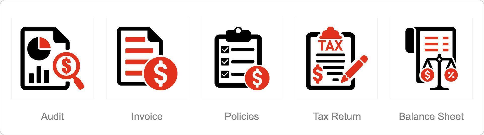 en uppsättning av 5 bokföring ikoner som granska, inkomst, politik vektor