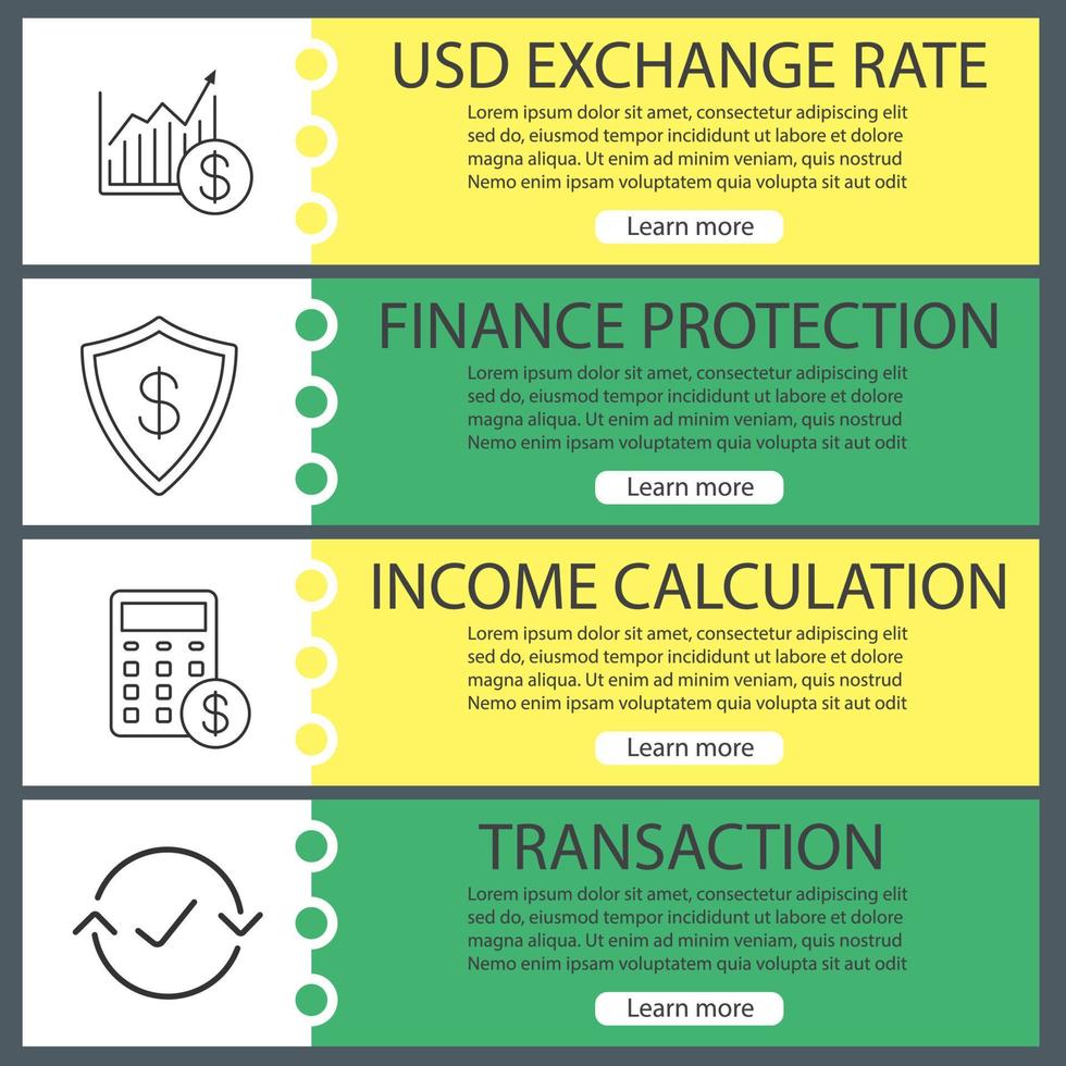 Wirtschafts-Web-Banner-Vorlagen eingestellt. Marktwachstumsdiagramm, Finanzschutz, Einkommensberechnung, Transaktion. Website-Farbmenüelemente mit linearen Symbolen. Designkonzepte für Vektorheader vektor