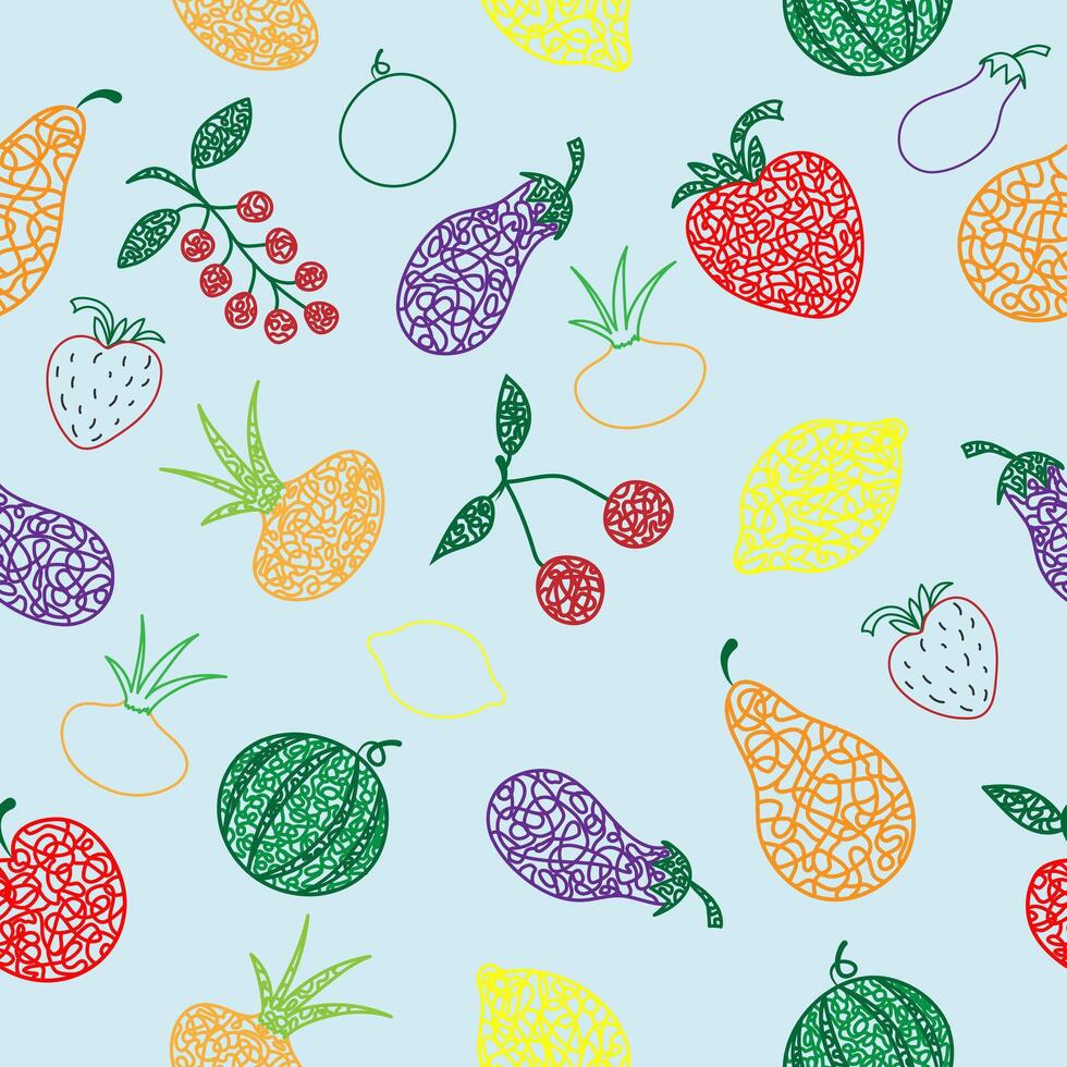 sömlös mönster med hand dragen vattenmelon, körsbär, äpple, päron, limon, jordgubbe, aubergine, vinbär, lök på blå bakgrund i barns naiv slyle. vektor