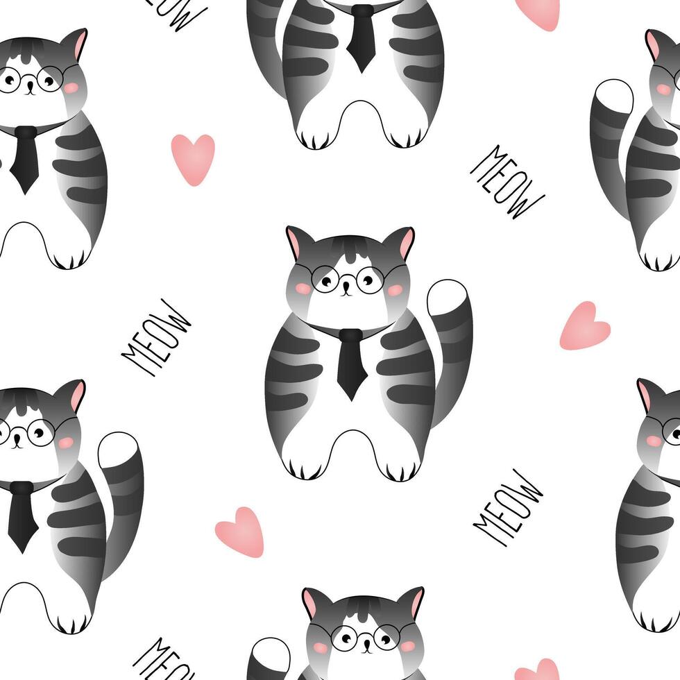 sömlös mönster med grå randig katter på vit bakgrund. vektor illustration för barn.