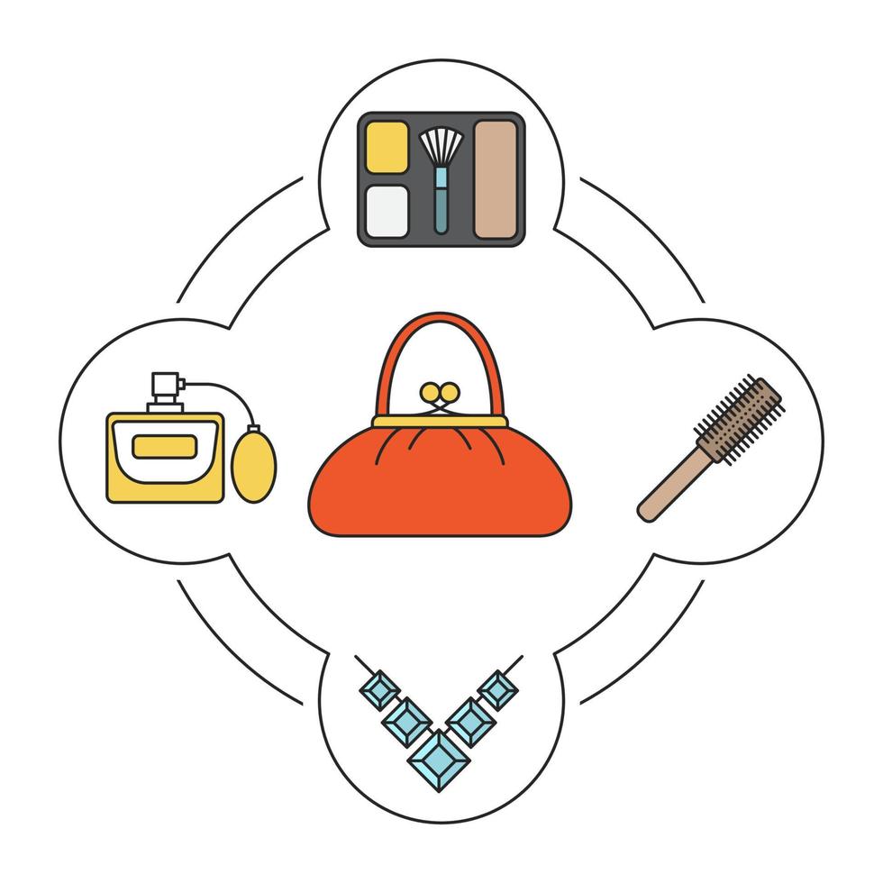 Damen Geldbörse Inhalt Farbsymbole gesetzt. Rouge, Haarbürste, Edelstein, Parfüm. isolierte vektorillustrationen vektor