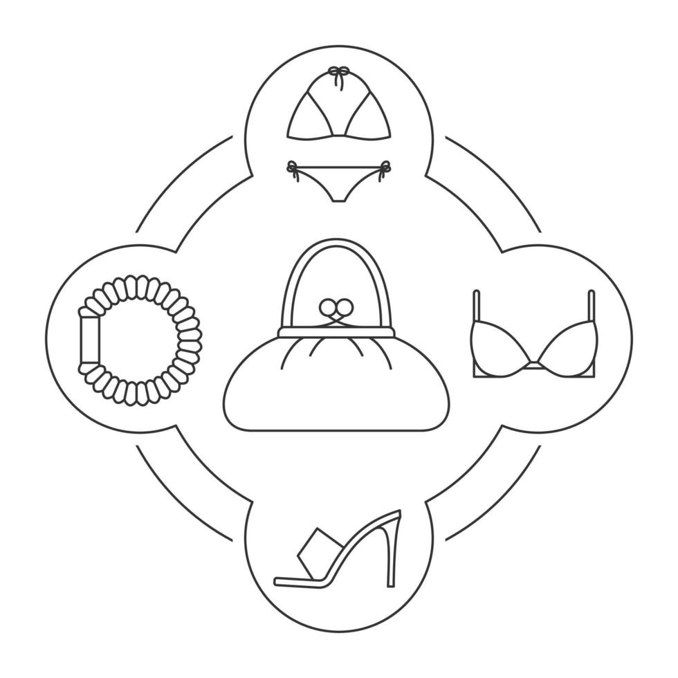 kvinnans plånbok innehåll linjära ikoner set. hårstrån, högklackad sko, bh, baddräkt. isolerade vektorillustrationer vektor