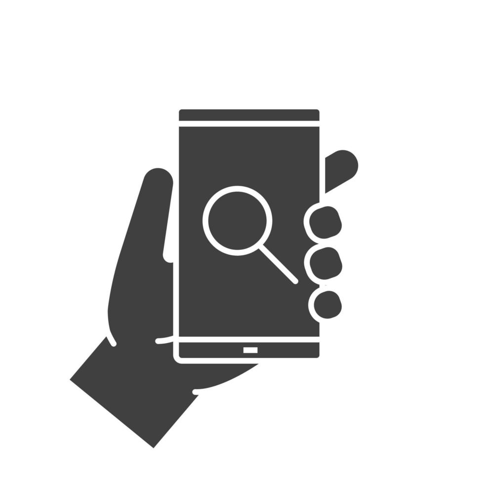 hand som håller smartphone glyfikon. siluett symbol. sökapp för smartphones. negativt utrymme. vektor isolerade illustration