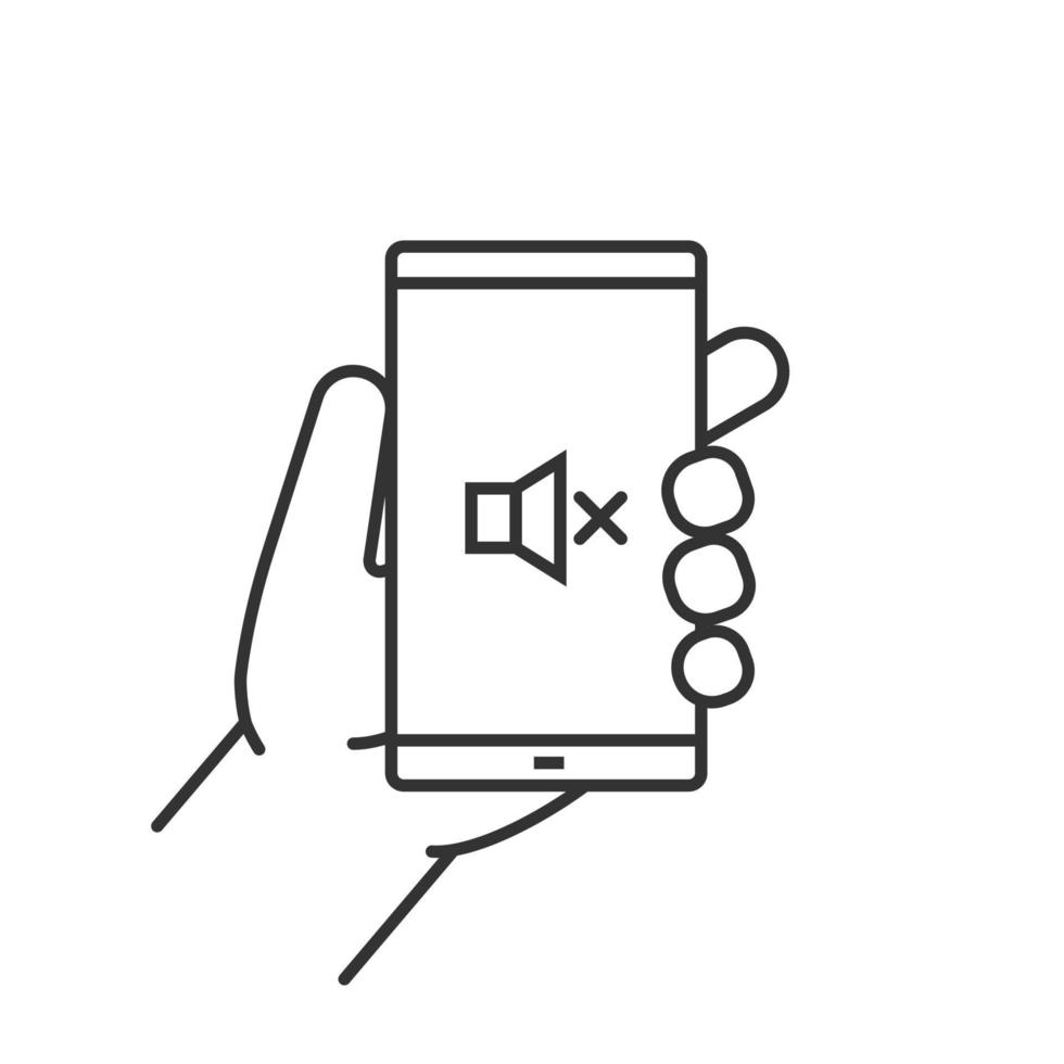 Hand, die lineares Smartphone-Symbol hält. dünne Linie Abbildung. Smartphone-Sound aus Kontursymbol. Vektor isolierte Umrisszeichnung
